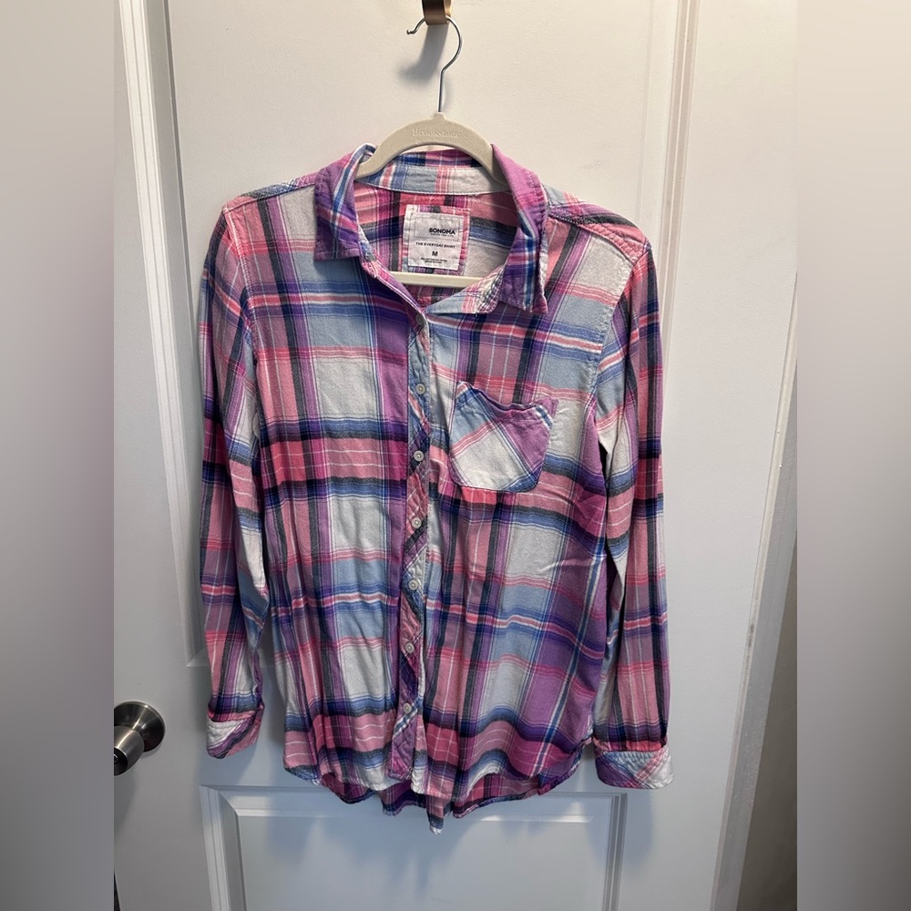 Sonoma Pink Purple White Flannel Shirt Lightweight Size Medium